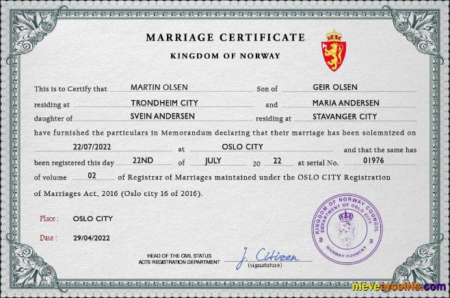 Norway marriage certificate